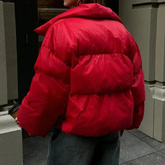 Red Casual Women's Big Lapel Padded Jacket - Picture 2 of 9